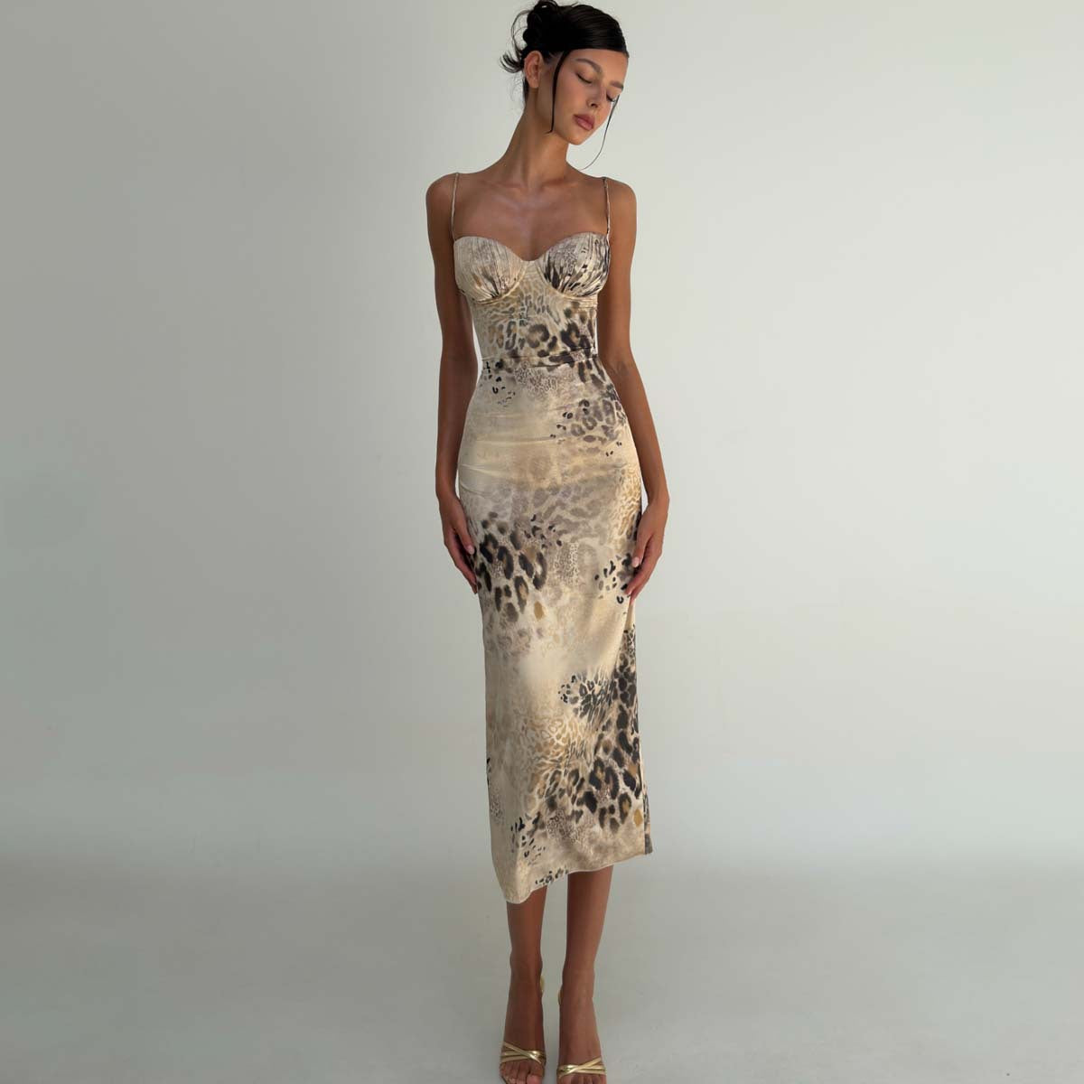 Summer Retro Printed Low Cut Backless Slit Sling Sheath Dress