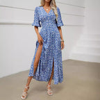 Floral V-Neck Lantern-Sleeve Split A-Line Maxi Dress