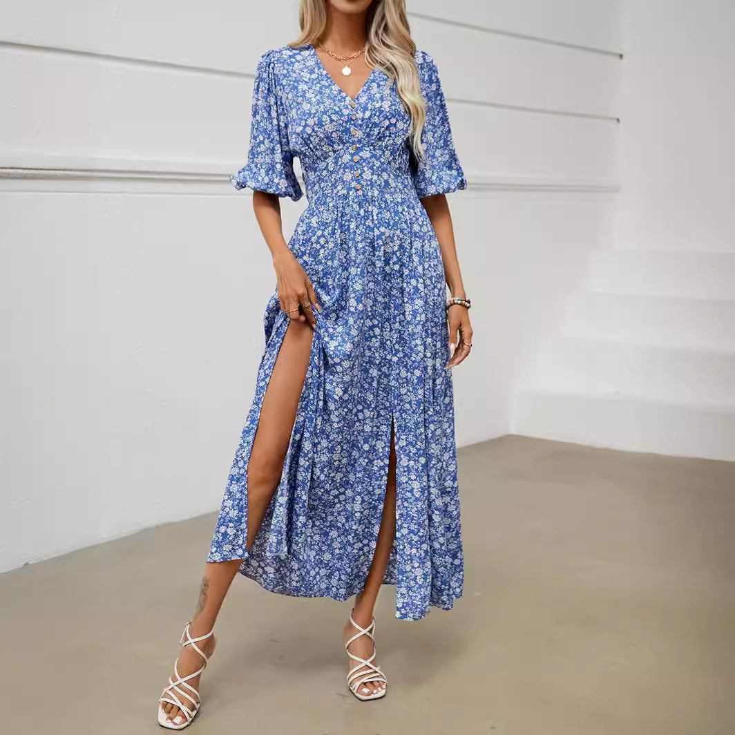 Floral V-Neck Lantern-Sleeve Split A-Line Maxi Dress