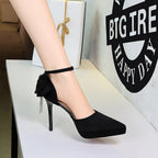 Women's Black Platform Pointed-Toe Buckle Sandals With Rhinestone Bow