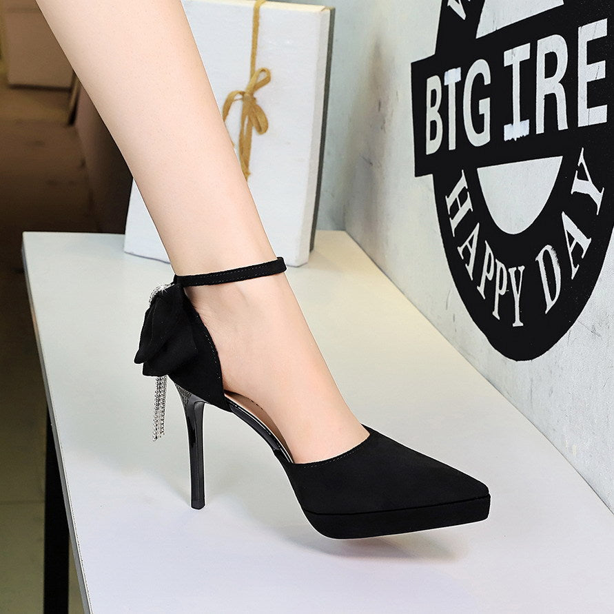 Women's Black Platform Pointed-Toe Buckle Sandals With Rhinestone Bow