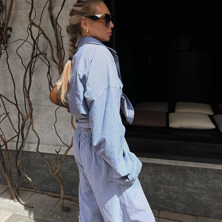 Striped Shirt & Wide-Leg Pants Set