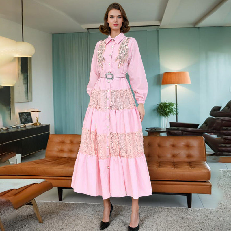 Women's Collared Embroidered Rhinestone Belted Long-Sleeve A-Line Maxi Shirt Dress