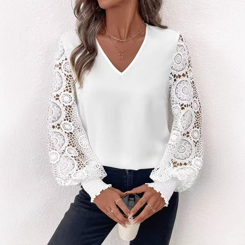 Women's Solid Color Stitching Embroidery Long Sleeve V Neck Spring Summer Elegant Graceful Women Top