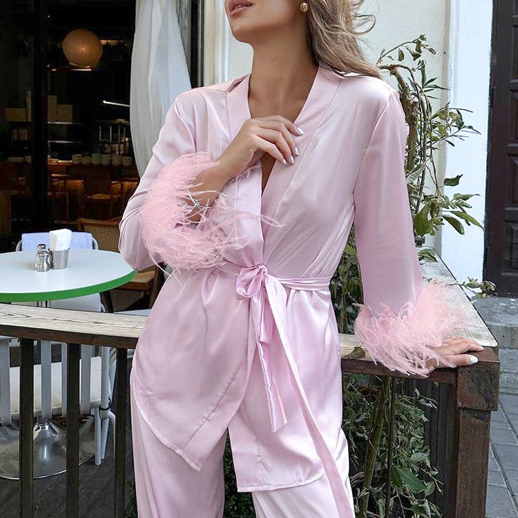 Design Stitching Feather Long Sleeve Lace up Cardigan High Waist Wide Leg Pants Two Piece Set