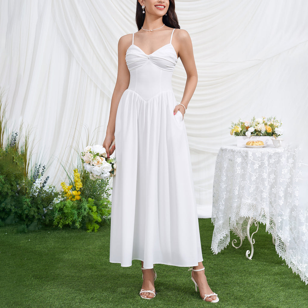 Women's V-Neck Smocked Ruched Midi Dress