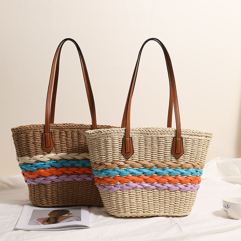 Women's Rainbow Stripe Straw Shoulder Bag
