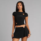 Women Clothing Spring Solid Color Hollowed Heart Shape Slim Fit Crop Top Short Skirt Two Piece Sets