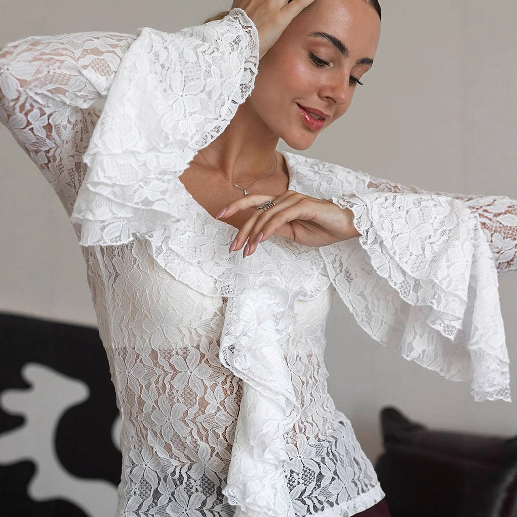 Women's French Lace Sheer Cutout Long Sleeve Top