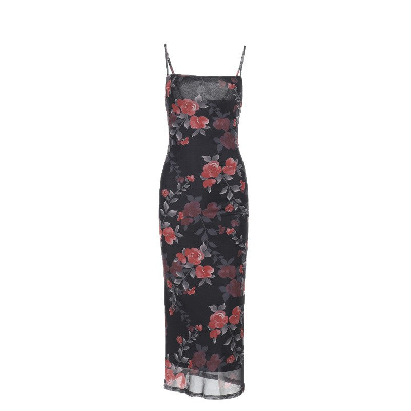Women's Printed Tulle Strap Midi Dress