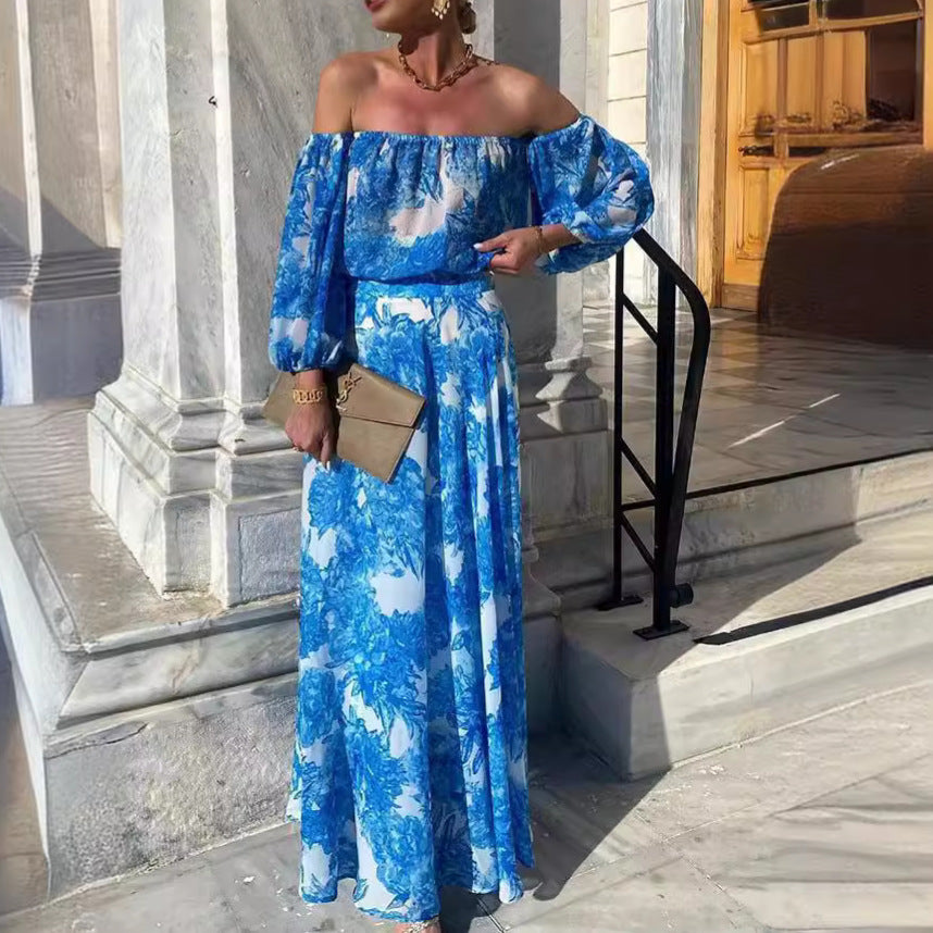 Off-Shoulder Printing High-Waist Elegant Dress