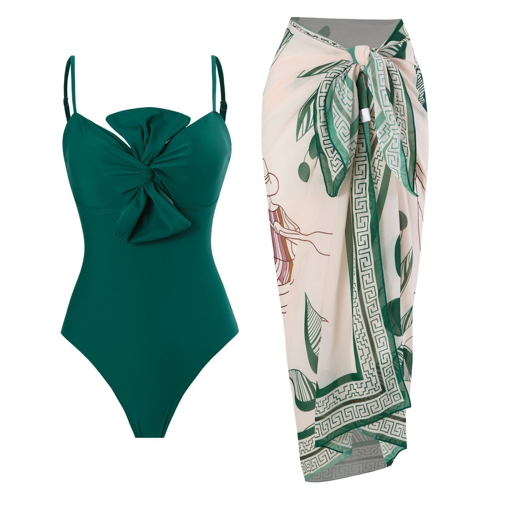Bow Solid One-piece Swimwear