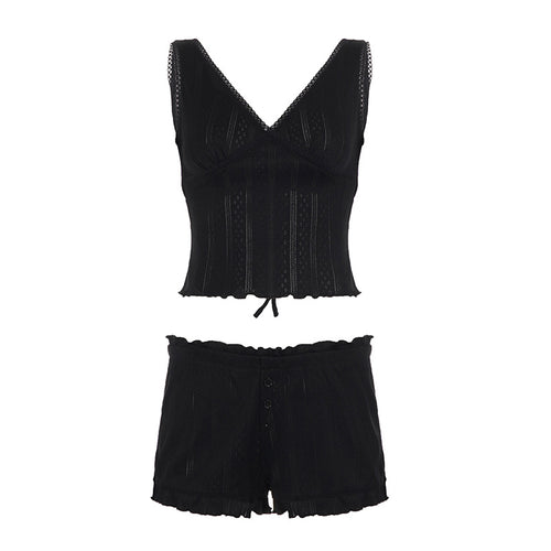 Black V-neck lace camisole top with adjustable ties and matching shorts set