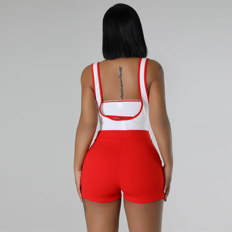Color Matching Stretch Shorts Suit Summer Sleeveless Suspender Two-Piece Set