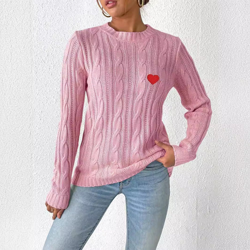 Women’s cable-knit sweater, round neck, pink with red heart patch