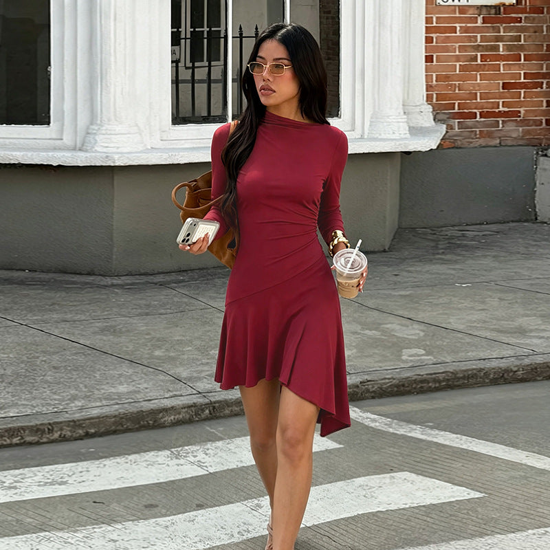Women's Wine Red Ruffle Dress
