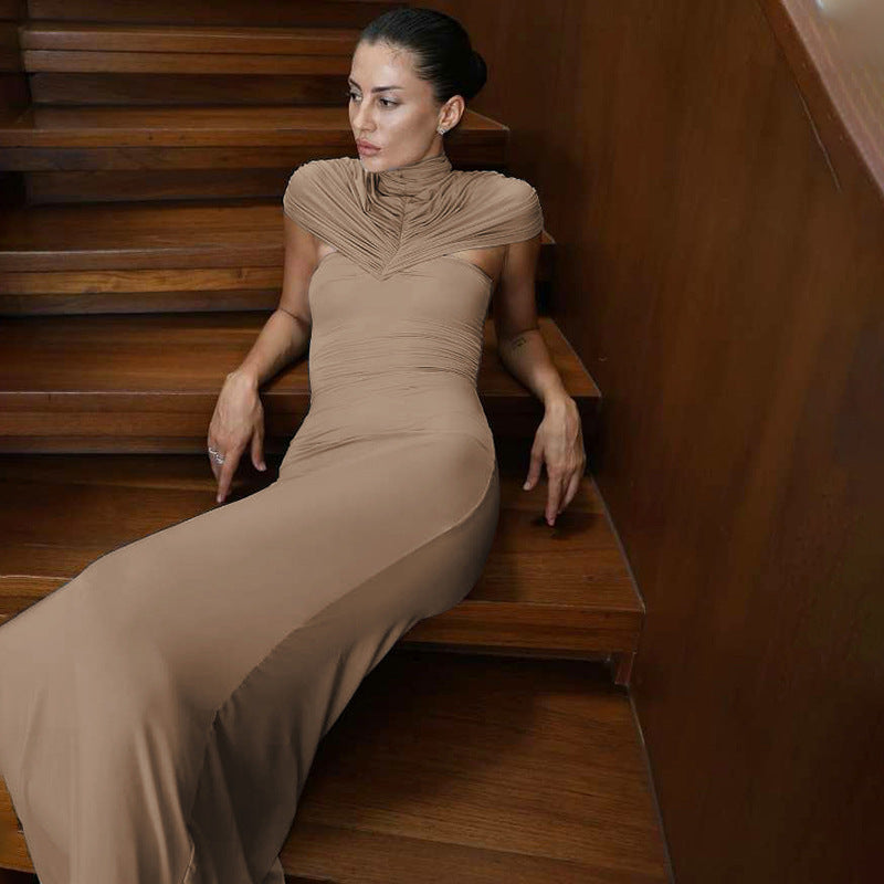 Women's Women Clothing Autumn Winter Elegant Sexy Slim Hollow Out Cutout Pleated Turtleneck Solid Color Dress