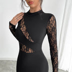 Autumn Women Solid Color Contrast Color Lace Slit Sexy Tight Dress