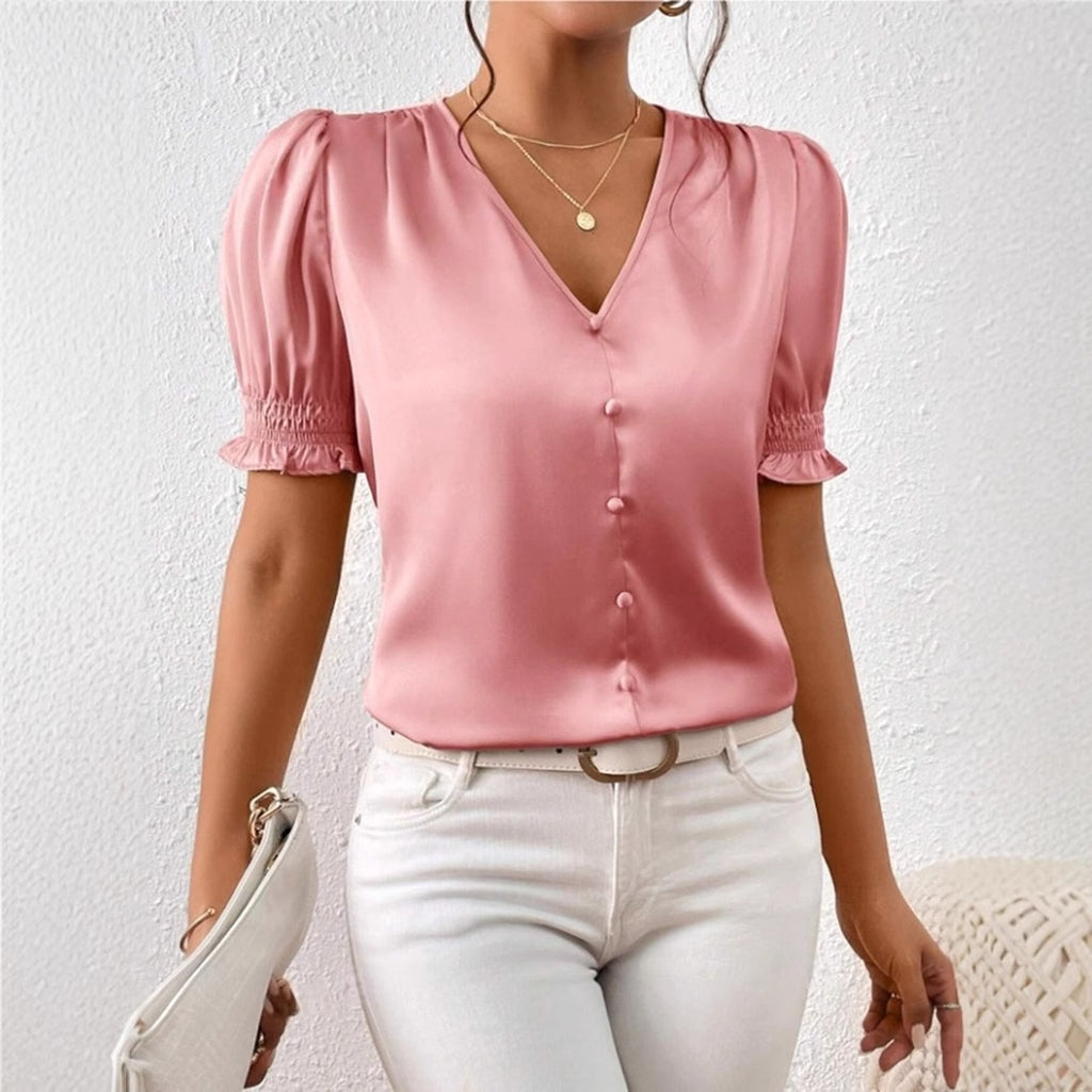 Women's Satin V Neck Ruffle Blouse