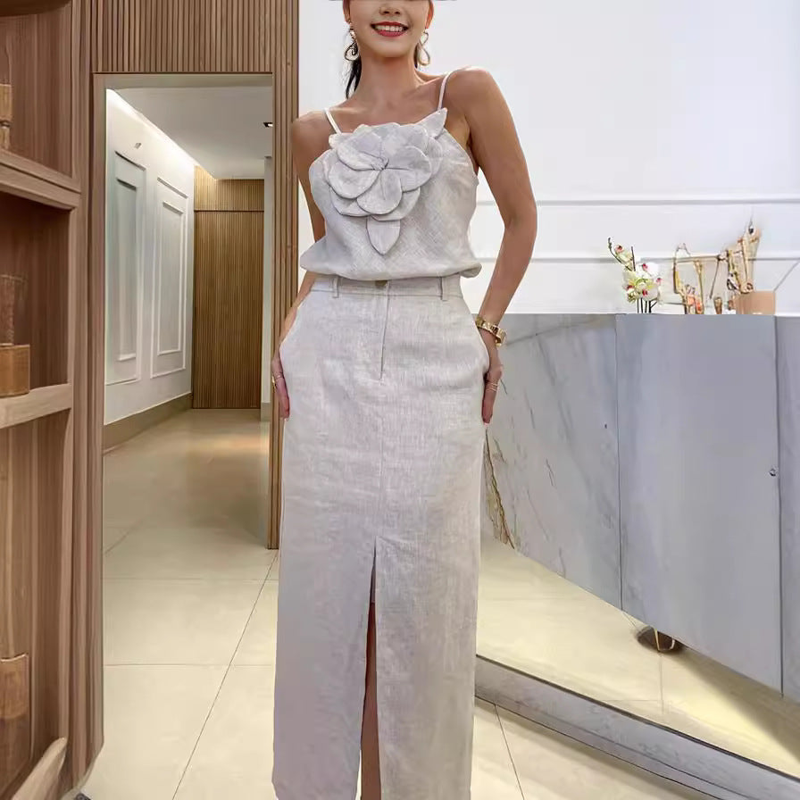 Three Dimensional Floral Strap Top Pocket Skirt Cotton Linen Set