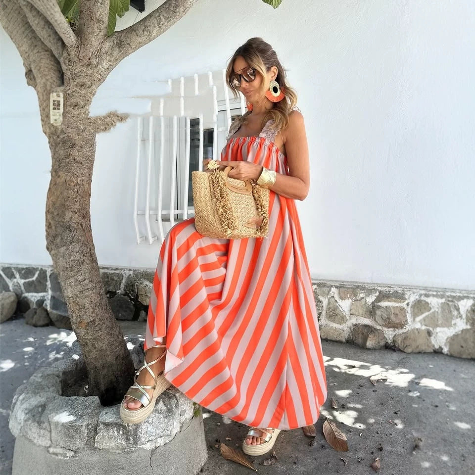 Women's Striped Ruffle-Trim Spaghetti-Strap Maxi Dress