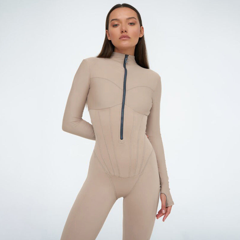 Women's Tight Zipper Jumpsuit Long Sleeve round Neck Leggings