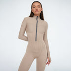 Women's Tight Zipper Jumpsuit Long Sleeve round Neck Leggings