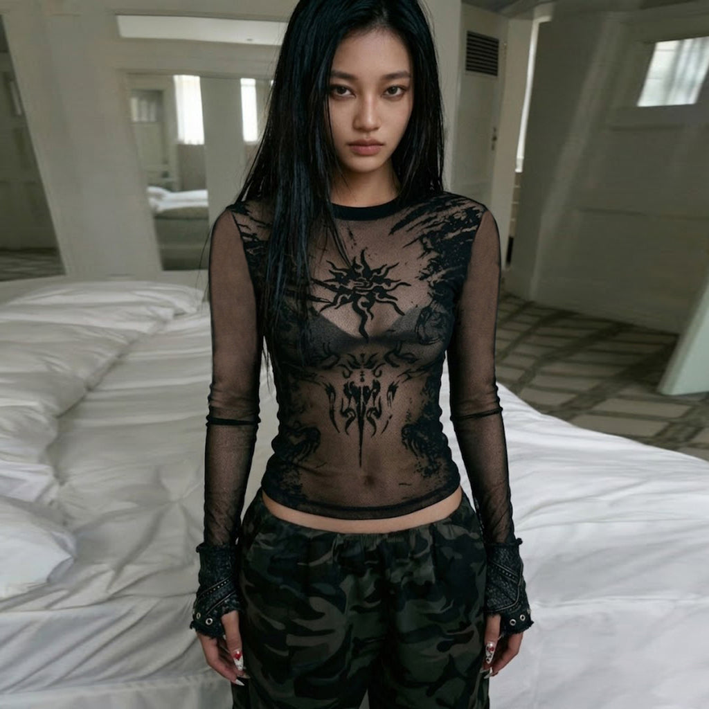 Dark Punk Embroidery Sexy See through round Collar Gauze T shirt Sexy Slim Fit Long Sleeve Top