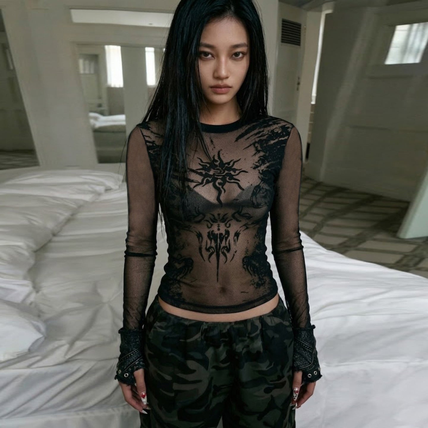 Dark Punk Embroidery Sexy See through round Collar Gauze T shirt Sexy Slim Fit Long Sleeve Top