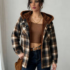 Women's Retro Plaid Hooded Warm Thickened Women Overcoat Shoulder Woolen Coat