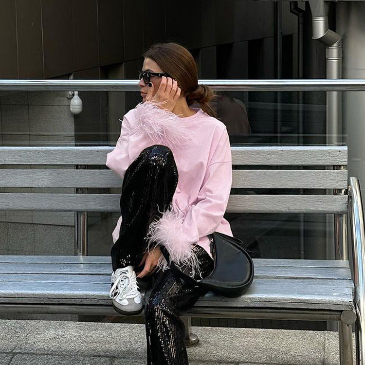 Feather-Stitching Long-Sleeve T-Shirt