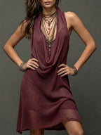 Halter cami dress in burgundy knit, sleeveless halter straps, draped cowl