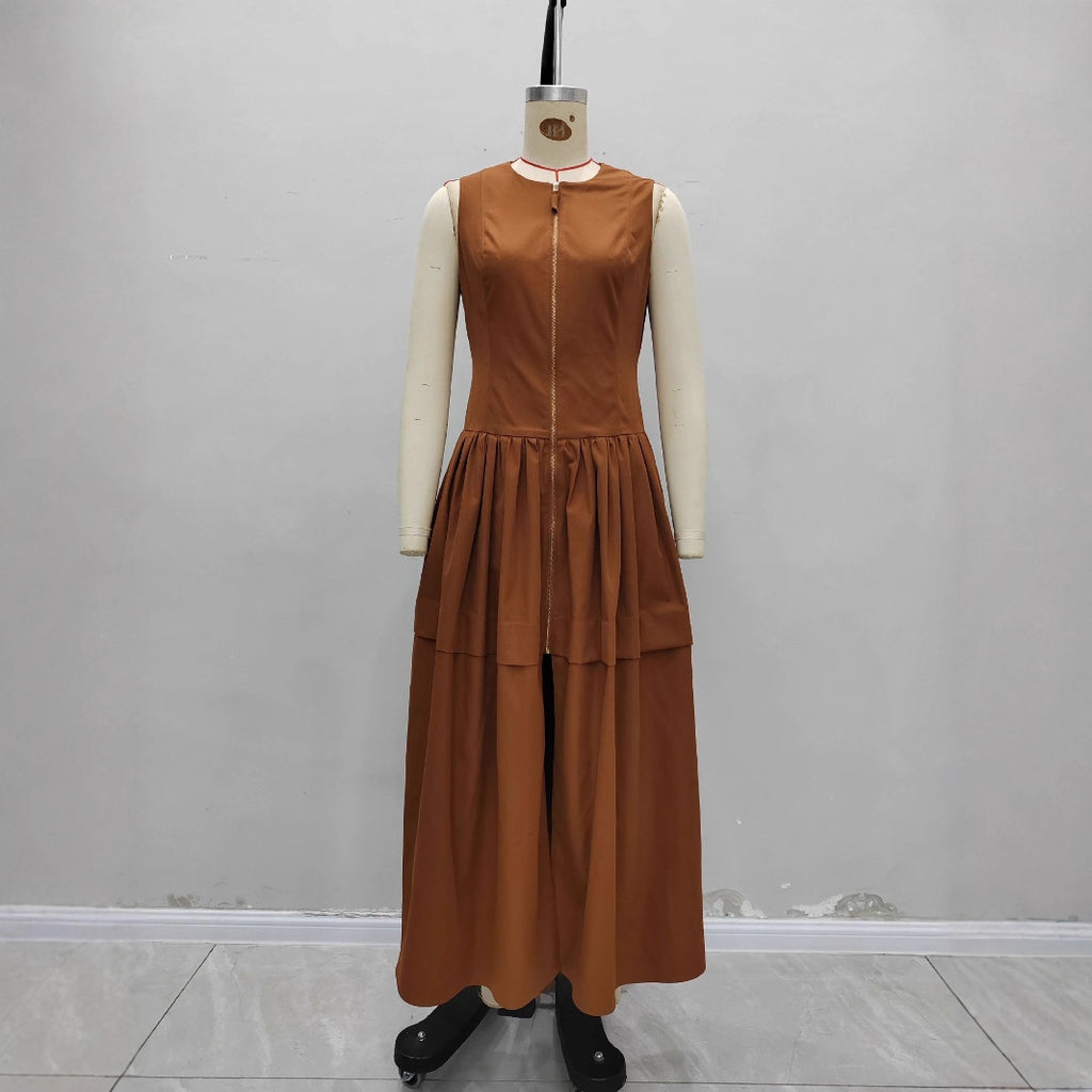 Women's Brown Sleeveless Layered Maxi Dress