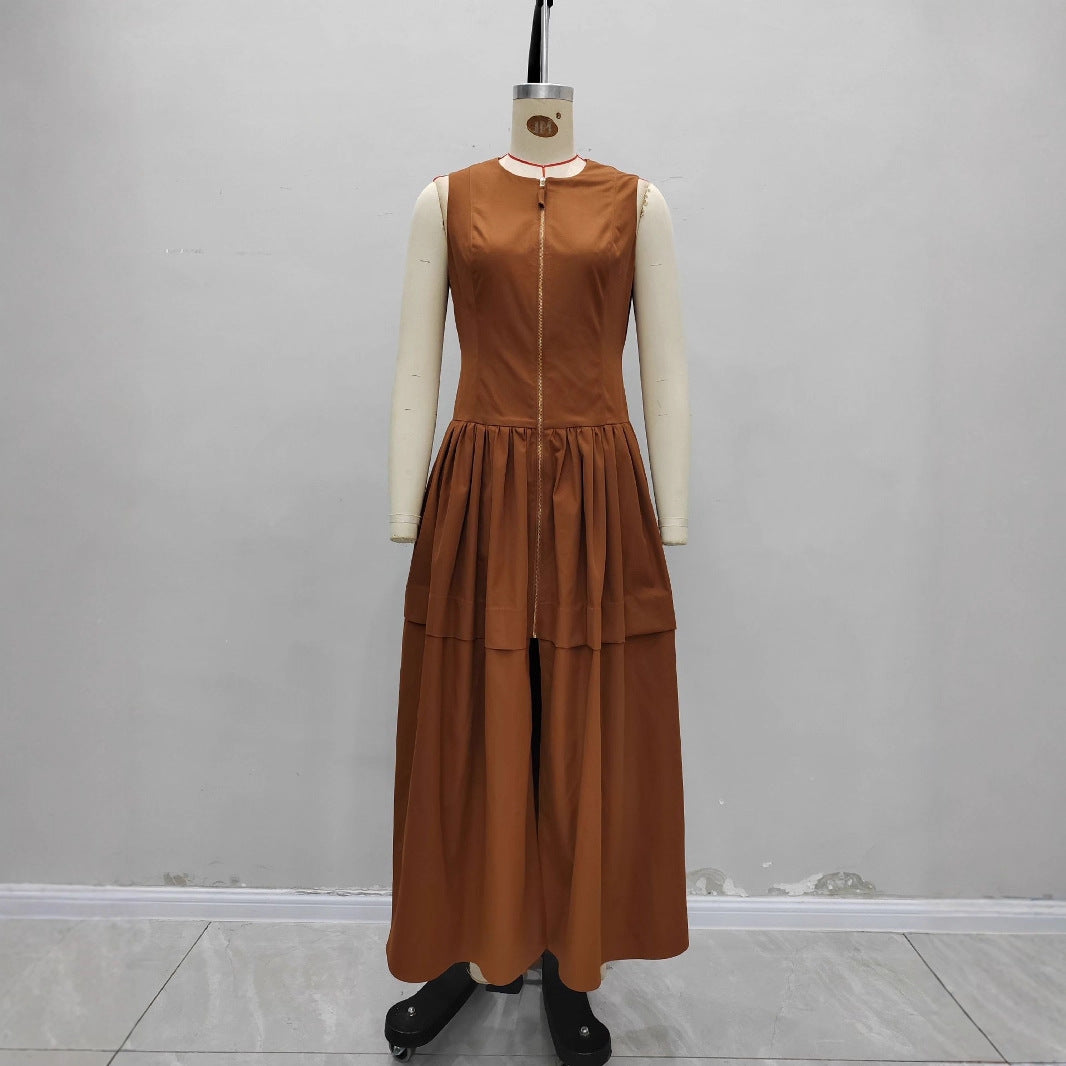 Women's Brown Sleeveless Layered Maxi Dress