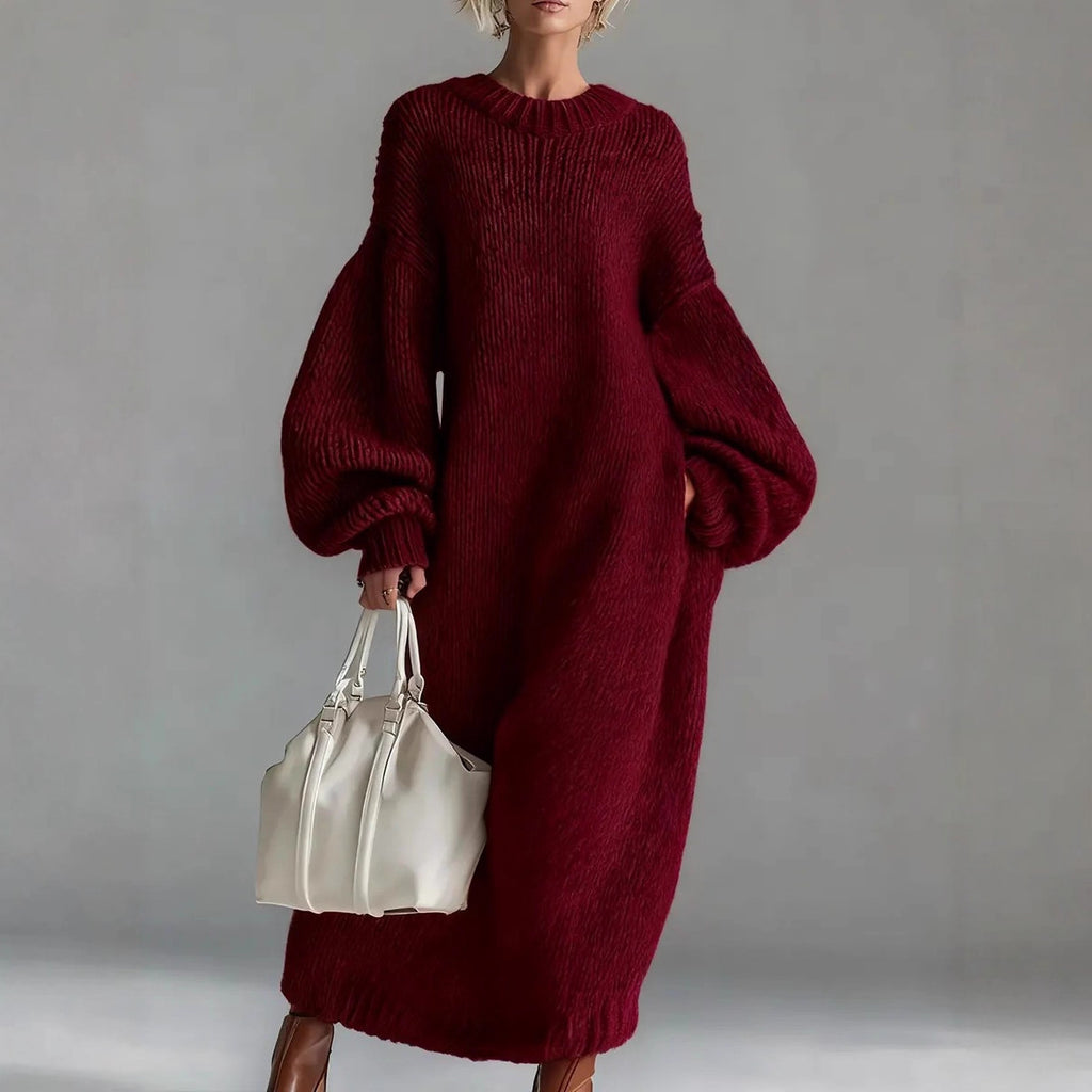 Stand Alone round Neck Loose Lantern Sleeve Long Knitted Sweater Dress