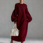 Stand Alone round Neck Loose Lantern Sleeve Long Knitted Sweater Dress
