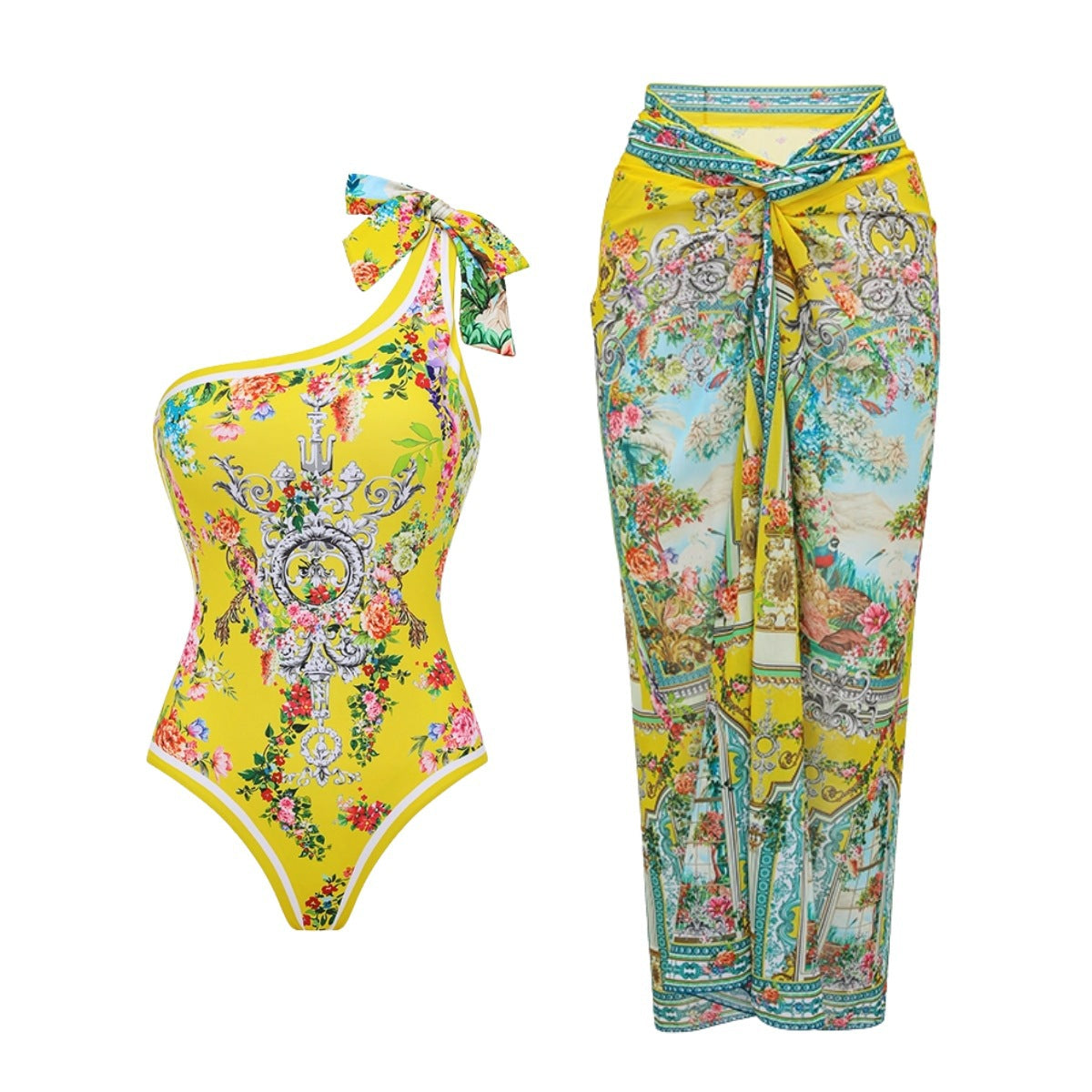 One-piece swimsuit and long swim skirt in bright yellow and teal ornate floral paisley print