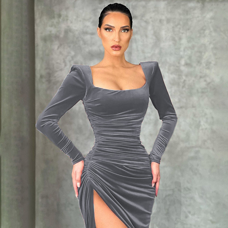 Winter Square Neck Fold High-Waist Tuxedo Dress