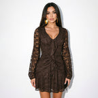 Women's Ruffle Lace V-Neck Long Sleeve Mini Dress