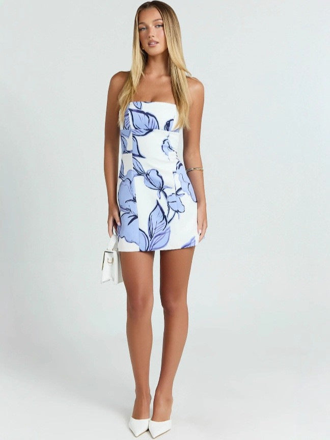 Strapless white mini dress with blue floral print and straight neckline