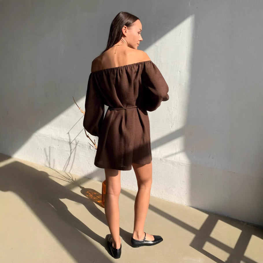 Long-Sleeve Off-Shoulder Cotton Short Dress Brown Puff Sleeve