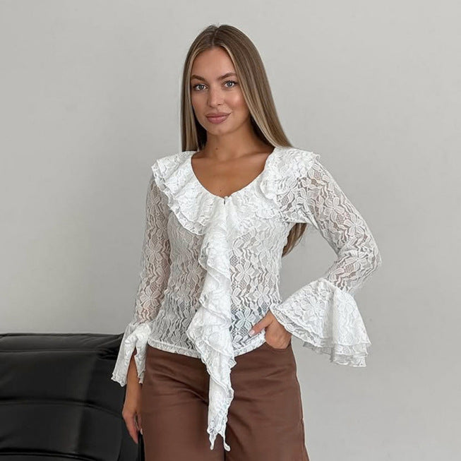 Women's French Lace Sheer Cutout Long Sleeve Top