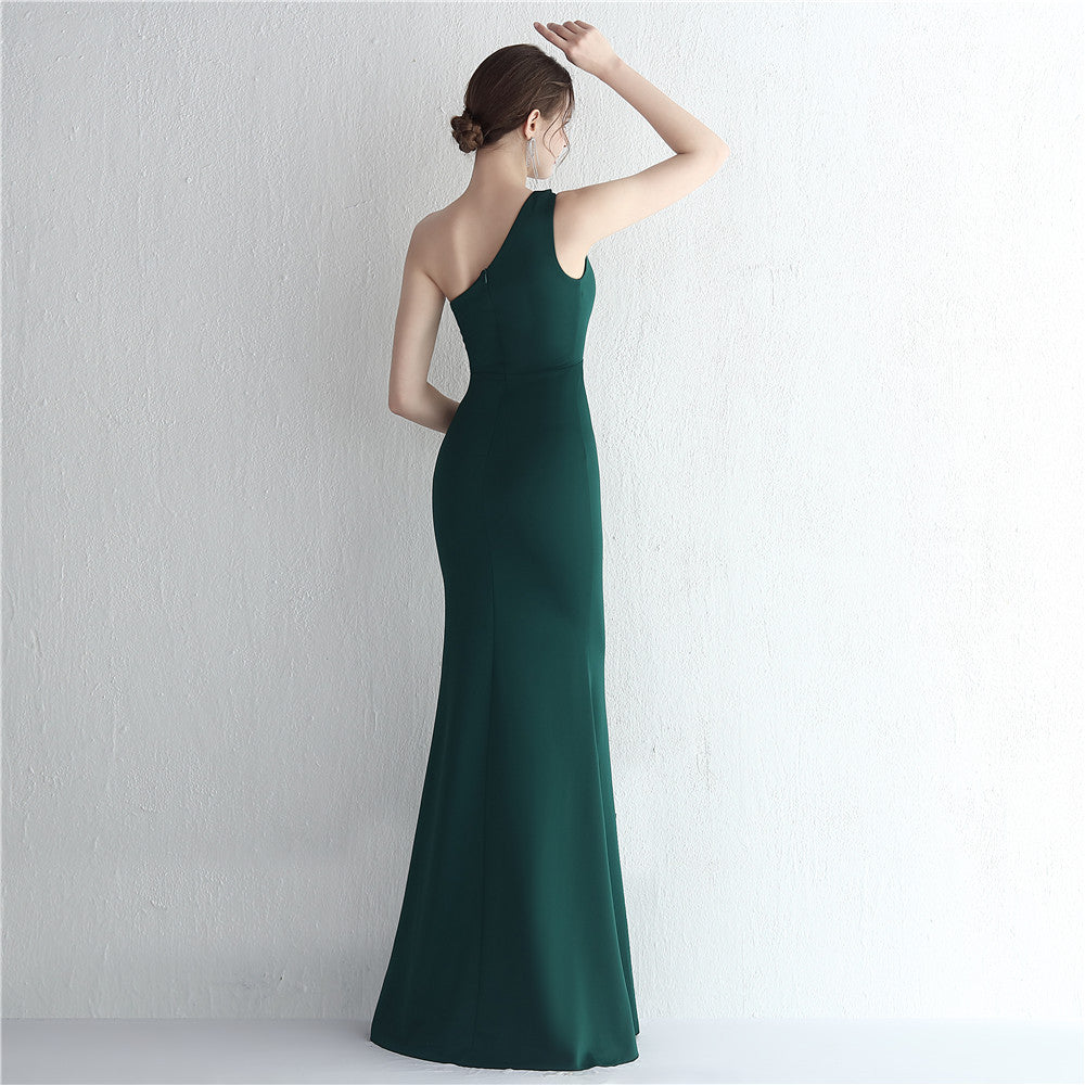 Women's Satin Slim Fit One-Shoulder Long Debutante Gala Dinner Slim Fit Dress