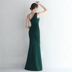 Women's Satin Slim Fit One-Shoulder Long Debutante Gala Dinner Slim Fit Dress