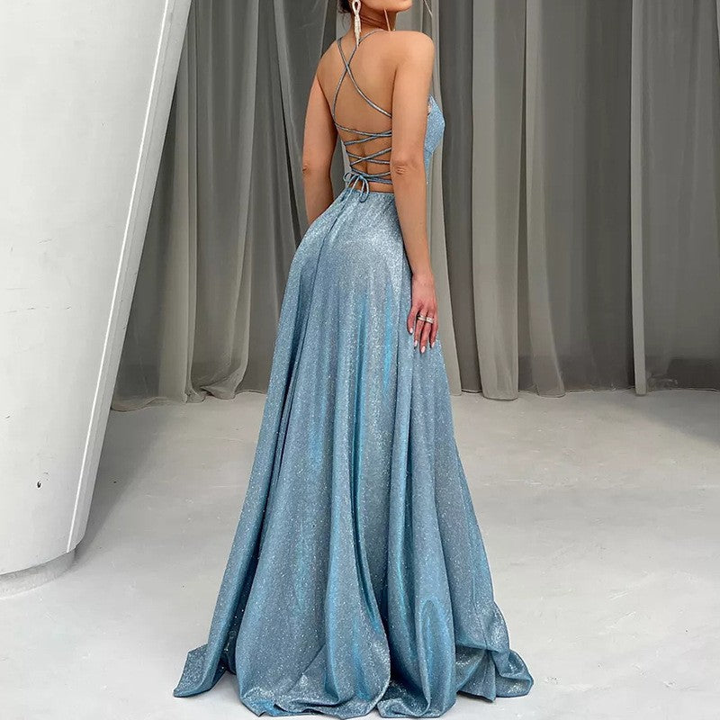 Women's Glitter Backless Slit Evening Dress