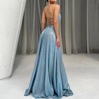Women's Glitter Backless Slit Evening Dress