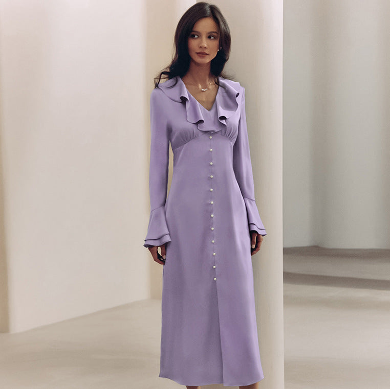 Women's Satin V-Neck Ruffle Maxi Dress
