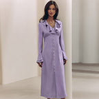 Women's Satin V-Neck Ruffle Maxi Dress