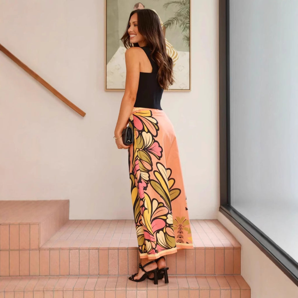 Floral Print Slit Sheath A Swing Skirt
