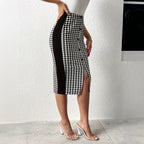 Women's Women Clothing Skirt Elegant Houndstooth Patchwork Slit Elastic Waist Button Mid Length Slim Fit Skirt